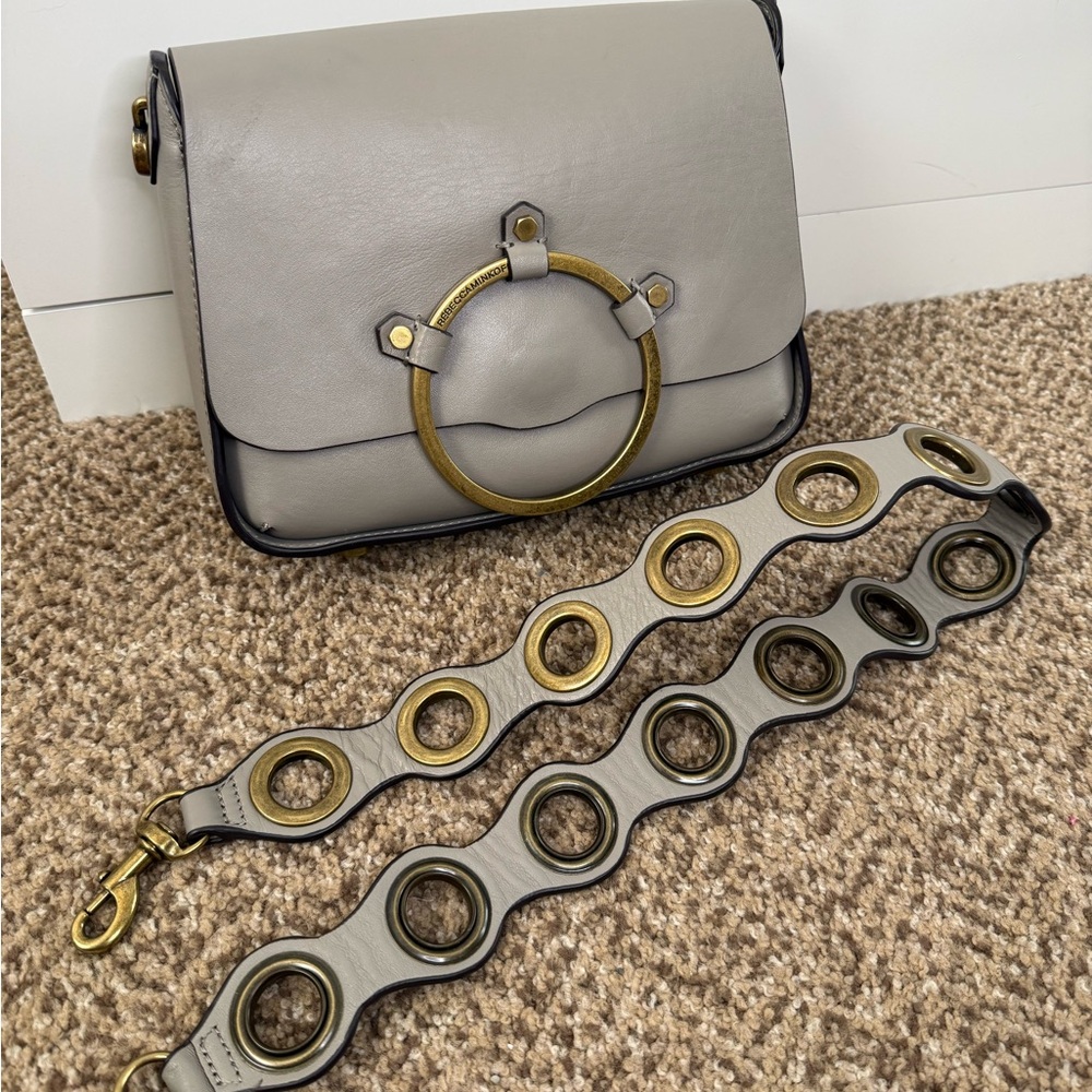 Rebecca Minkoff Light Gray Leather Shoulder Bag with Antique Gold Ring